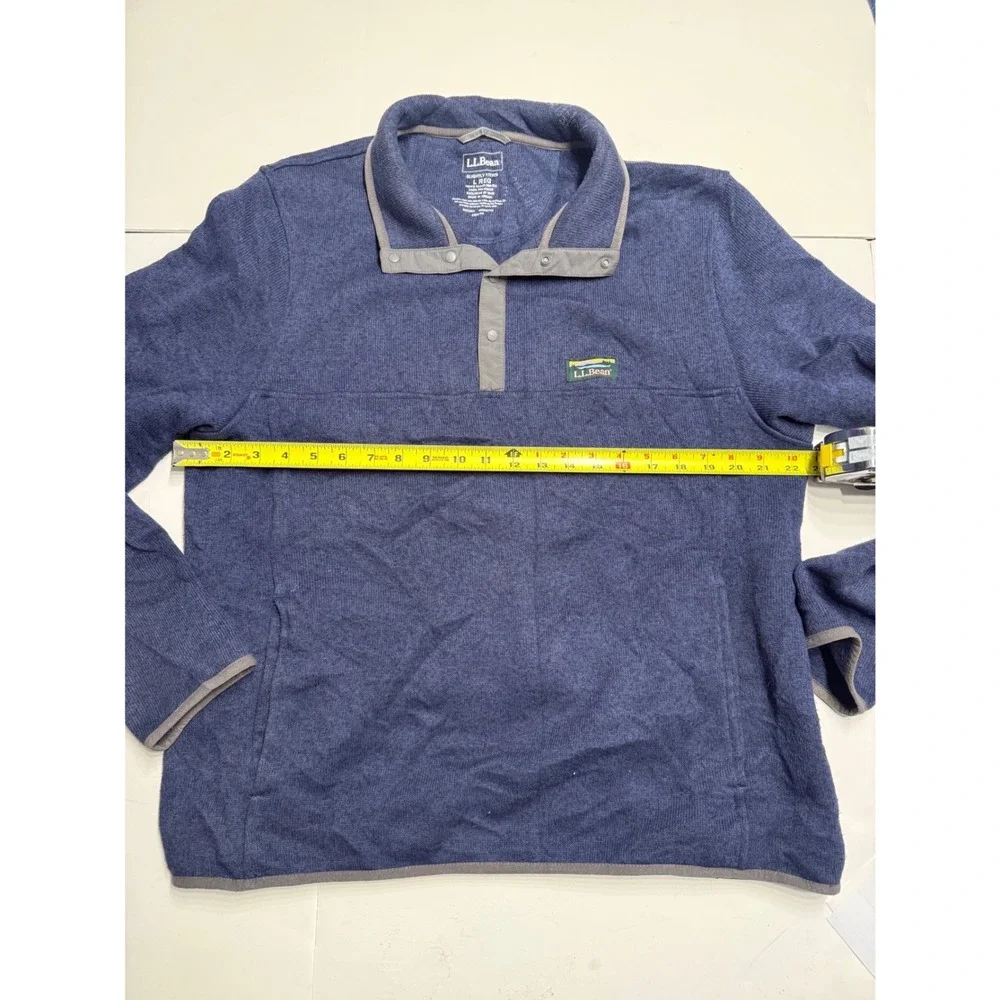 LL Bean Sweater Fleece Pullover Mens Large Blue Snap Neck 293050 Heathered Knit